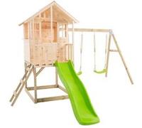 Maisonnette modulable sur pilotis avec balcon, glissière et deux balançoires BASILIC en bois FSC®