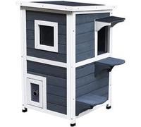 PawHut Maisonnette pour Chats sur 2 étages en Bois avec 4 Pieds - intérieur et extérieur - Toit Rabattable - 51 x 51 x 81,3 cm - Blanc et Gris