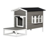 Maison Lodge Sur Pied - Niche Villa Chat Petit Chien - Terrasse, Toit Bitumé, Jardinière, 2 Portes - Bois Sapin Pré-Huilé Peint