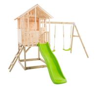 Maisonnette sur pilotis, glissière, 2 balançoires BASILIC en bois FSC® marron