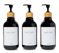 MaisoNovo Bouteilles Rechargeables pour shampooing et après-shampooing | Lot de 3 Bouteilles en Plastique Noir de 500 ML Pompes en Bambou Noir