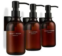 MaisoNovo Distributeur de shampoing et d'après-shampoing - Distributeur de Savon de Douche Mural - 500 ML Lot de 3 flacons en Plastique ambré Pompe Noire - 3 Compartiments sans perçage