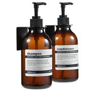 MaisoNovo Distributeur de shampoing et d'après-shampoing - Distributeur Mural de Savon - Lot de 2 flacons en Plastique ambré - Pompe Noire - Distributeur de Douche à 2 Compartiments sans perçage