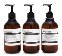 MaisoNovo - Distributeur Gel Douche - Distributeur Savon Douche - Coffret 500 ML Lot de 3 flacons en Plastique ambré et Pompes Noires - Flacons de shampoing et revitalisant Rechargeables