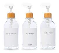 MaisoNovo Distributeur Gel Douche - Distributeur Savon Douche - Coffret 500ml Lot de 3 flacons en Plastique Transparent et Pompes en Bambou Blanc - Flacons de shampoing et revitalisant Rechargeables