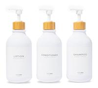 MaisoNovo Distributeur Gel Douche - Distributeur Savon Douche - Lot de 3 flacons en Plastique Blanc 500 ML, Pompes en Bambou Blanc - Flacons de shampoing et revitalisant Rechargeables