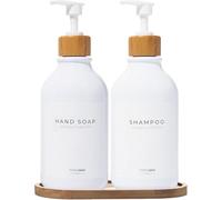MaisoNovo Distributeur Liquide Vaisselle - Distributeur de Savon en Plastique avec Pompe - Pompe Blanche en Bambou Blanc 500 ML - Distributeur Savon Salle de Bain - Lot de 2 avec Plateau