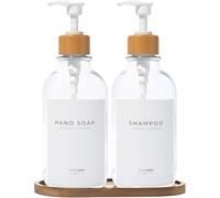 MaisoNovo Distributeur Liquide Vaisselle - Distributeur de Savon en Plastique avec Pompe - Pompe Blanche en Bambou Transparent 500 ML - Distributeur Savon Salle de Bain - Lot de 2 avec Plateau