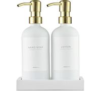 MaisoNovo Distributeur Liquide Vaisselle - Distributeur Savon Salle de Bain - Distributeur de Savon pour Les Mains Blanc de 500 ML avec Pompe dorée, Lot de 2 et Plateau en béton