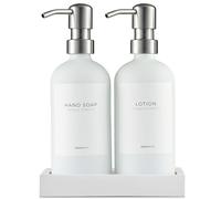 MaisoNovo Distributeur Liquide Vaisselle - Distributeur Savon Salle de Bain - Distributeur de Savon pour Les Mains Blanc de 500 ML avec Pompe argentée, Lot de 2 et Plateau en béton