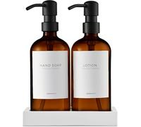 MaisoNovo Distributeur Liquide Vaisselle - Distributeur Savon Verre - Flacons ambrés de 500 ML, Pompes Noires, Lot de 2 et Plateau en béton - Distributeur Savon Salle de Bain