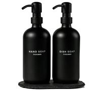 MaisoNovo Distributeur Liquide Vaisselle - Distributeur Savon Verre - Flacons Noirs de 500 ML, Pompes Noires, Lot de 2 et Plateau en Pierre d'ardoise - Distributeur Savon Salle de Bain