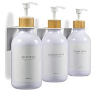 MaisoNovo Distributeur Savon Mural - Distributeur shampoing et Gel Douche - 500 ML Lot de 3 Bouteilles en Plastique Blanc, Pompe en Bambou Blanc - Distributeur shampoing