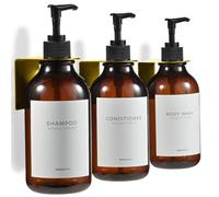 MaisoNovo Distributeur Savon Mural - Distributeur shampoing et Gel Douche - Lot de 3 Bouteilles en Plastique ambré de 500 ML, Pompe Noire - Distributeur shampoing