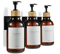 MaisoNovo Distributeur Savon Mural - Distributeur shampoing et Gel Douche - Lot de 3 Bouteilles en Plastique ambré de 500 ML, Pompe en Bambou Noir - Distributeur shampoing