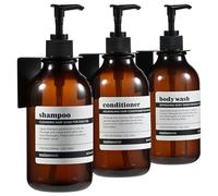 MAISONOVO Distributeur Savon Mural - Distributeur shampoing et Gel Douche - Lot de 3 Bouteilles en Plastique ambré de 500 ML, Pompe Noire - Distributeur shampoing