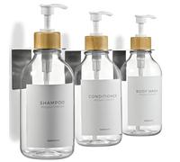 MaisoNovo Distributeur Savon Mural - Distributeur shampoing et Gel Douche - Lot de 3 Bouteilles en Plastique Transparent 500 ML, Pompe en Bambou Blanc - Distributeur Shampoing