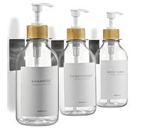 MaisoNovo Distributeur Savon Mural sans Percage Lot De 3-500ml Transparent Distributeur Shampoing Et Gel Douche avec Pompes Bambou Blanc - Fixation Sécurisée