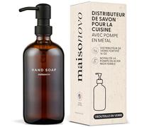 MaisoNovo Distributeur Savon Verre Salle De Bain Lot de 1 - Ambre Distributeurs De Savon avec Pompe Noire, Étiquettes Imperméables