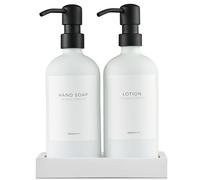 MaisoNovo Distributeur Savon Verre Salle De Bain Lot de 2 - Blanc Distributeurs De Savon Et De Lotion avec Pompe Noir, Plateau en Béton Blanc, Étiquettes Imperméables