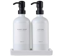MaisoNovo Distributeur Savon Verre Salle De Bain Lot de 2 - Blanc Distributeurs De Savon Et De Lotion avec Pompe Noir, Plateau en Céramique Blanc, Étiquettes Imperméables