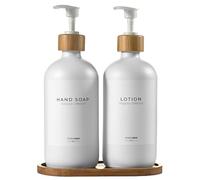 MaisoNovo Distributeur Savon Verre Salle De Bain Lot de 2 - Blanc Distributeurs De Savon Et De Lotion avec Pompe Blanche Bambou, Plateau