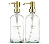 MaisoNovo Distributeur Savon Verre Salle De Bain Lot de 2 - Transparent Distributeurs De Savon Et De Lotion avec Pompe Doré, Étiquettes Imperméables