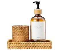 MaisoNovo Ensemble de salle de bain en rotin - Distributeur de comptoir, porte-brosse à dents et gobelet à dentifrice avec plateau - Lot de 3 plateaux rectangulaires en rotin pour rangement