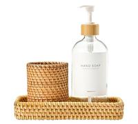 MaisoNovo Ensemble de salle de bain en rotin - Distributeur de comptoir transparent, porte-brosse à dents et gobelet à dentifrice avec plateau - Lot de 3 plateaux rectangulaires en rotin pour