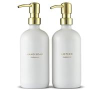 MaisoNovo Ensemble Distributeur de Savon et de Lotion pour Salle de Bain - Distributeur Liquide Vaisselle - Distributeur Savon Cuisine - Pompes en Verre Blanc doré de 500 ML Lot de 2