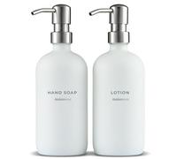 MaisoNovo Ensemble Distributeur de Savon et de Lotion pour Salle de Bain - Distributeur Liquide Vaisselle - Distributeur Savon Cuisine - Pompes argentées en Verre Blanc de 500 ML Lot de 2