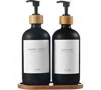 MaisoNovo Lot de 2 distributeurs de Savon en Verre pour la Salle de Bain | distributeurs de Savon pour Les Mains et de Liquide Vaisselle | flacons ambrés de 500 ML avec Pompes en Bambou Noir