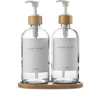 MaisoNovo Lot Distributeur Liquide Vaisselle - Distributeur Savon Verre avec Pompe - Pompe Blanche en Bambou Transparent 500 ML - Distributeur de Savon de Salle de Bain - Lot de 2 avec Plateau