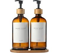 MaisoNovo Lot Distributeur Liquide Vaisselle - Distributeur Savon Verre avec Pompe - Pompe Noir Bambou Ambré 500 ML - Distributeur Savon Salle de Bain - Lot de 2 avec Plateau