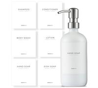 MAISONOVO Margaux Étiquettes imperméables pour Bouteilles en Plastique et MAISONOVO Distributeur de Savon en Verre ambré 7,6 x 8,5 cm Margaux Collection Peel & Stick Mix Pack - 6 pièces