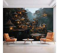 Maisons Créatives En Forme De Champignons Sur Les Sommets Des Montagnes Tridimensionnel 3D Papier Peint Texture Soyeuse Intissé Salle à Manger Bureau D'étude Canapé Chambre Salon TV Mur-250cm×170cm