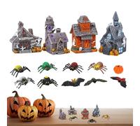 Maisons d'Halloween, village de maison hantée | Maison hantée miniature d'Halloween en résine avec des chauves-souris fantômes citrouilles, 14X décorations d'Halloween à collectionner centre de table