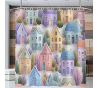 Maisons et Arbres Rideau de Bain Tissu Polyester Illustrations dessinées à la Main Anti Moisissure Imperméable Lavable Rideaux Salle de Bain ，séchage Rapide 180 x 200 cm