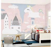 Maisons Roses Nuages Et Chevaux De Dessin Animé Papier Peint 3D Installation Facile Intissé Tapisserie Bureau Salon Canapé Chambre Décoration Murale-400cm×280cm
