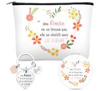 Maitys 3 Pièces de Set de Cadeaux pour Meilleure Amie Femme Sœur 1 Trousse de Maquillage avec Fermeture Éclair 1 Miroir de Voyage avec Loupe 1 Porte-Clés avec Texte pour BFF Noël Anniversaire Adieu