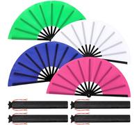 Maitys 4 Packs de Grands Éventails Pliables à Main 33 cm - Éventails à Main Chinois Grands pour la Danse en Ligne, Tai Chi, Festival, Kung Fu, Art Martial, Cadeau - Inclus 2 Pochettes (Blanc, Bleu