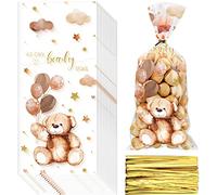 Maitys Lot de 100 sacs en cellophane pour friandises en forme d'ours avec 100 attaches torsadées dorées pour garçons et filles, marron, style mignon