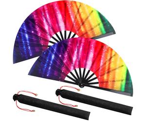Maitys Lot de 2 grands éventails pliants pour danse en ligne, grands éventails chinois de Tai Ji pour homme et femme, kungfu, arts martiaux, cadeaux, festival de musique (irisé)