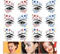 Maitys Lot de 6 pierres précieuses pour le visage, étoiles en cristal patriotique, autocollantes, autocollants pour les yeux, diamants artificiels, tatouages temporaires, autocollants pour festival