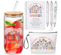 Maitys Lot de 6 trousses de maquillage pour travailleurs sociaux - Tasse en verre de 500 ml avec couvercle et paille - Journal à spirale avec 3 stylos à bille - Pour femme et collègue
