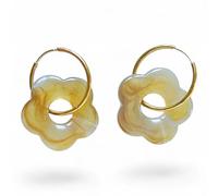 MAJALE - Boucles d'oreilles créoles en acier inoxydable doré avec fleur bleue, fleur verte, fleur blanche - Boucles d'oreilles créoles avec fermeture Congo - Finition bain or 18 carats