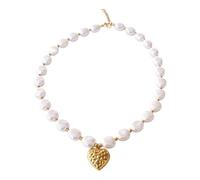 MAJALE _ Collier femme perles synthétiques nacrées irrégulières blanches avec pendentif cœur doré, collier ras-du-cou élégant avec breloque centrale, réglable, idée cadeau femme, style romantique et