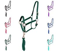 Majestic Ally Licol avec corde pour chevaux - Menton et couronne réglables - Loquet de gorge roulé avec bouton-pression remplaçable - Muserolle rembourrée - Matériel robuste finition or rose - Complet