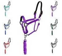 Majestic Ally Licol en cuir avec laisse assortie pour chevaux - Couronne détachée en cuir - Mentonnière réglable - Loquet de gorge roulé - Muserolle rembourrée - Full (violet, complèt)