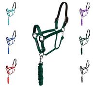 Majestic Ally Licol en cuir avec laisse assortie pour chevaux, couronne détachée en cuir, mentonnière réglable, loquet de gorge enroulé, muserolle rembourrée, vert chasseur, taille complète